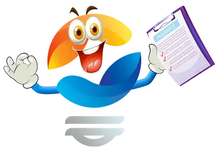 Cartoon character, blue with orange head, holding