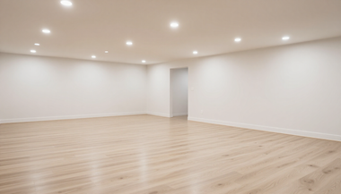 Empty modern room with white walls, recessed ceiling lights, and light wood flooring