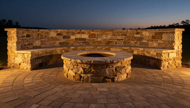 Stone fire pit and curved bench seating in a lit outdoor patio at dusk