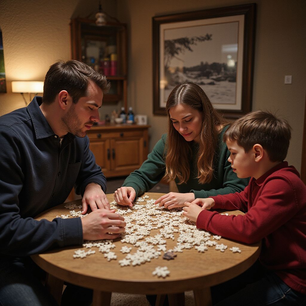 Family of three, father, mother, and son, assemble a jigsaw puzzle at a round wooden table.