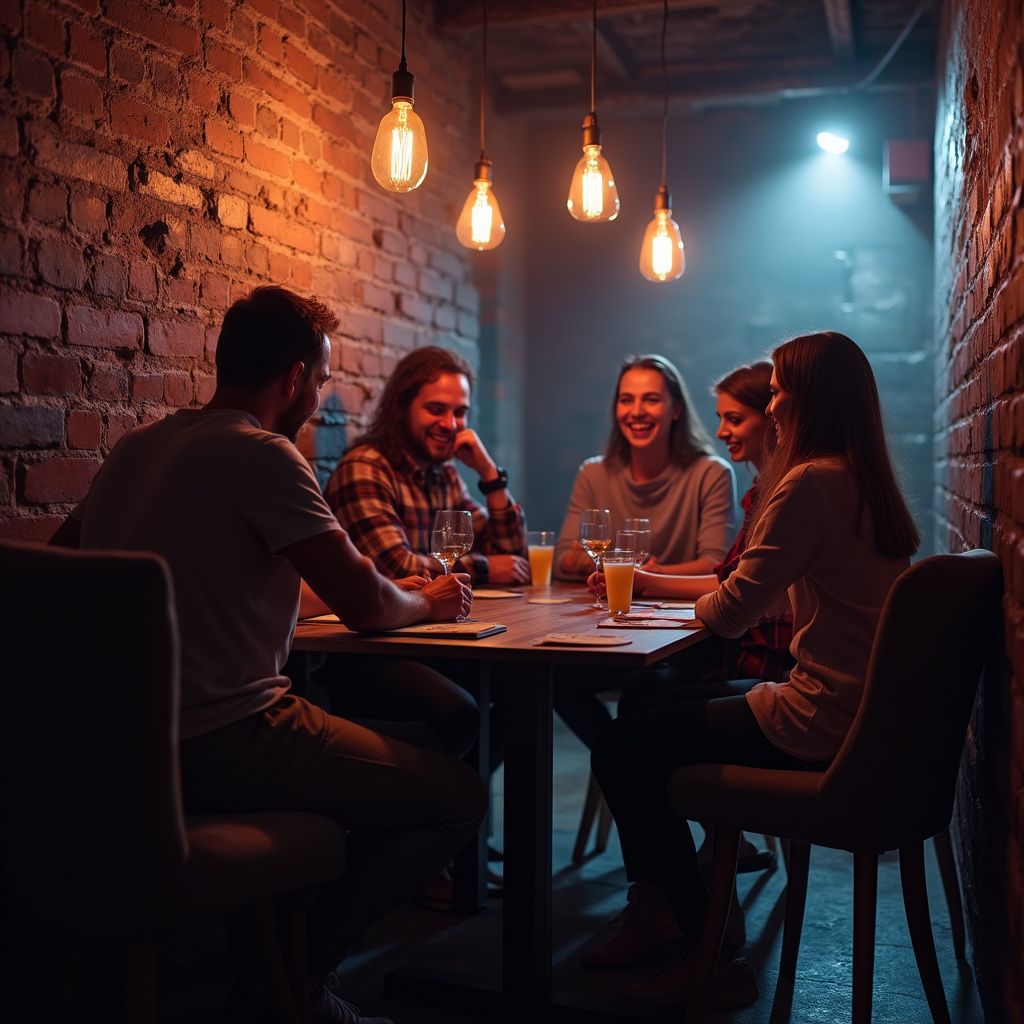 Five friends laughing around a table in a brick-walled room, illuminated by hanging lights.