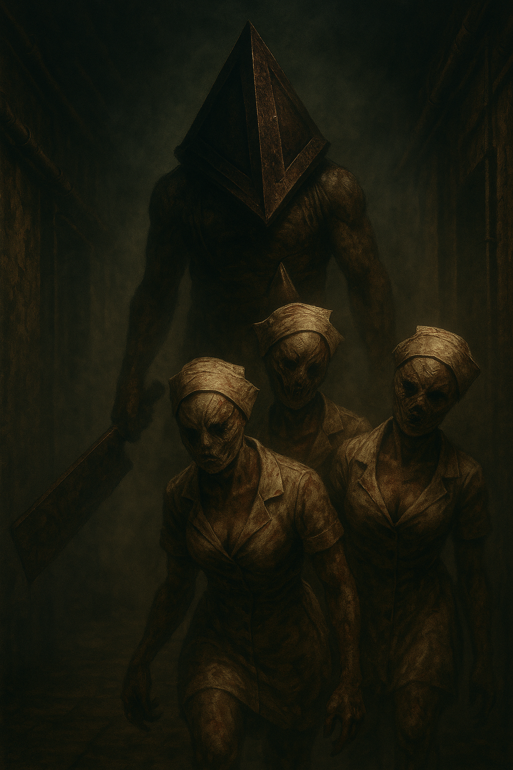 Promotional image for "City of Ashes," inspired by Silent Hill, features Pyramid Head silhouette and shadowy figures.