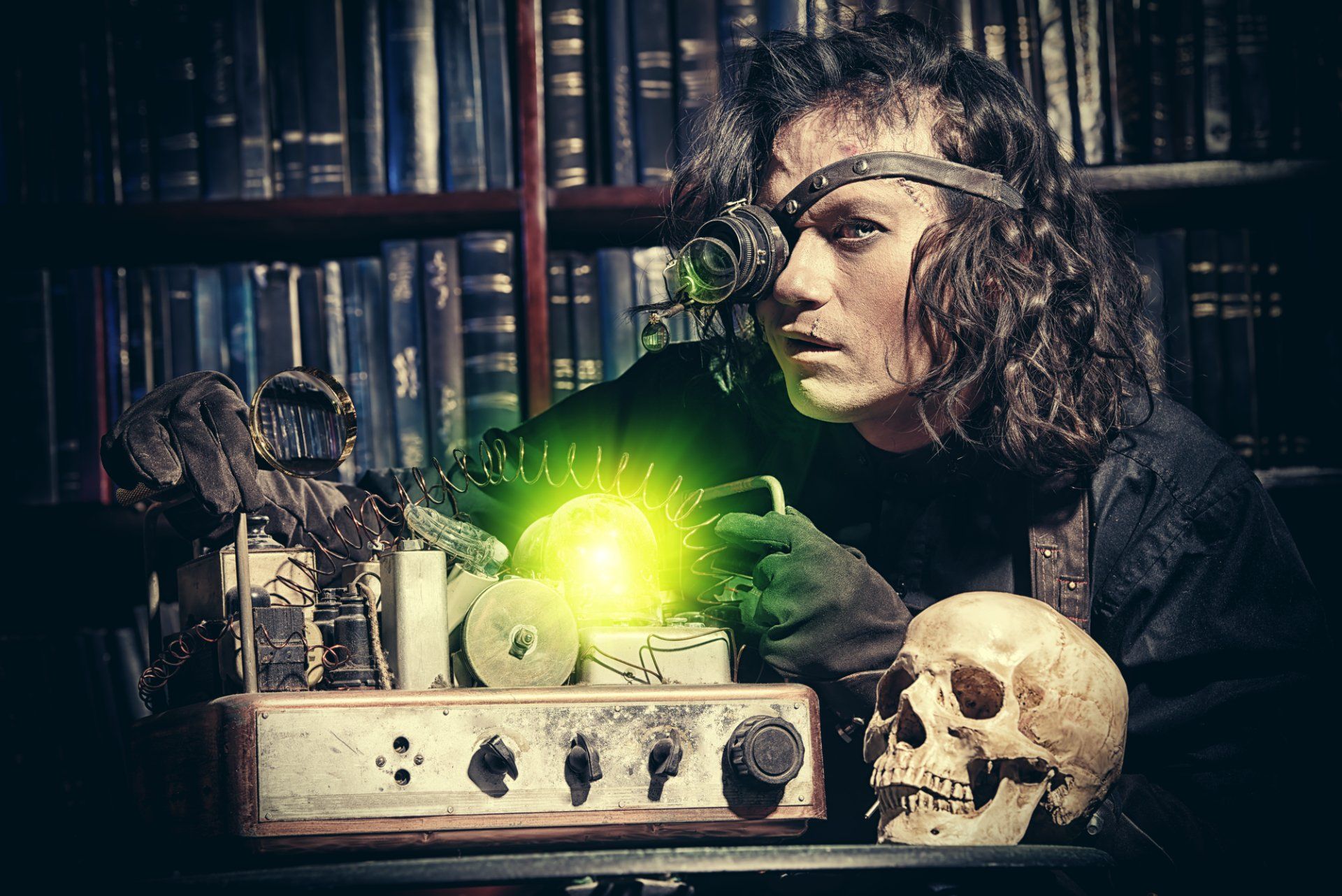 Steampunk inventor with eye patch and glowing device, focused, near a skull in a dimly lit library.
