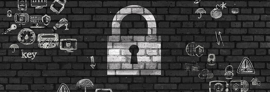 A padlock stencil on a brick wall surrounded by security-related icons.