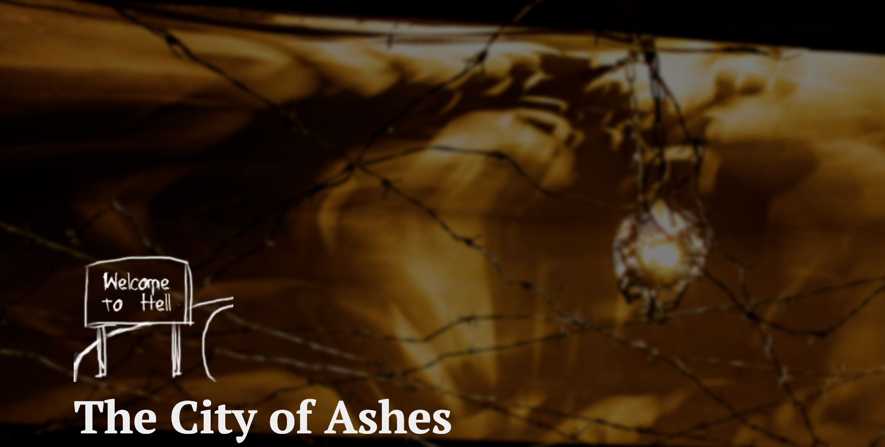 Silhouette of a person with a glowing orb, barbed wire, and a sign that reads 