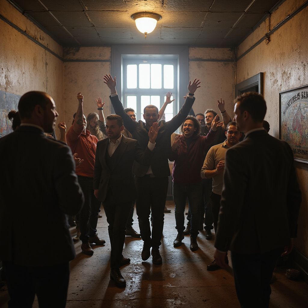 Men in a hallway, some raising arms in excitement, others smiling. Interior of a building.