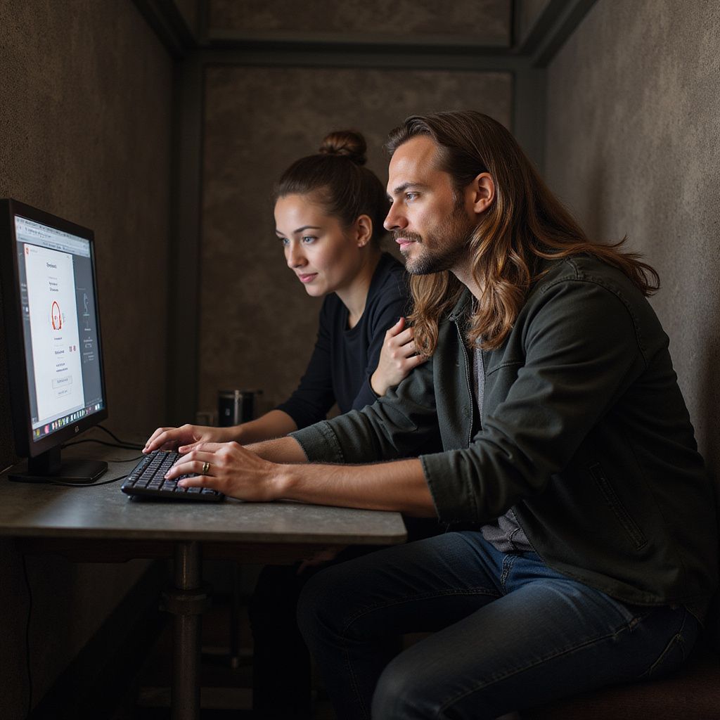 Woman and man looking at a computer screen. They sit at a table in a small, dimly lit room. The man types.