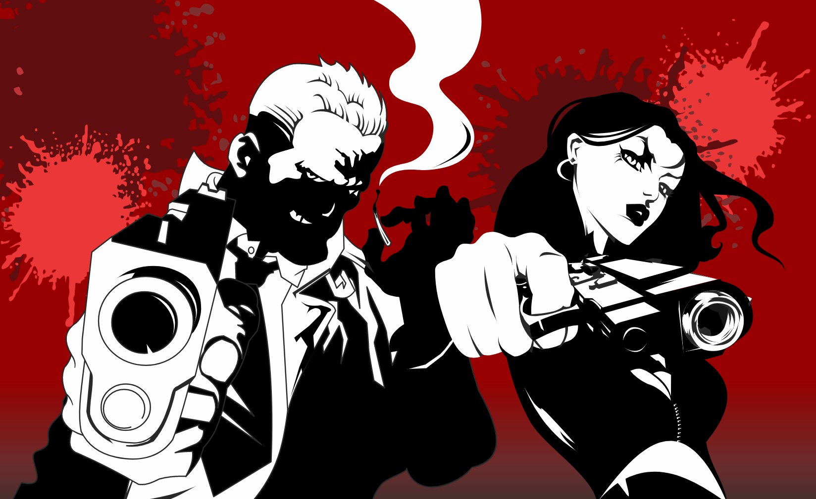 Two figures with guns. Man smoking, woman aiming. Red and black graphic, blood splatter background.