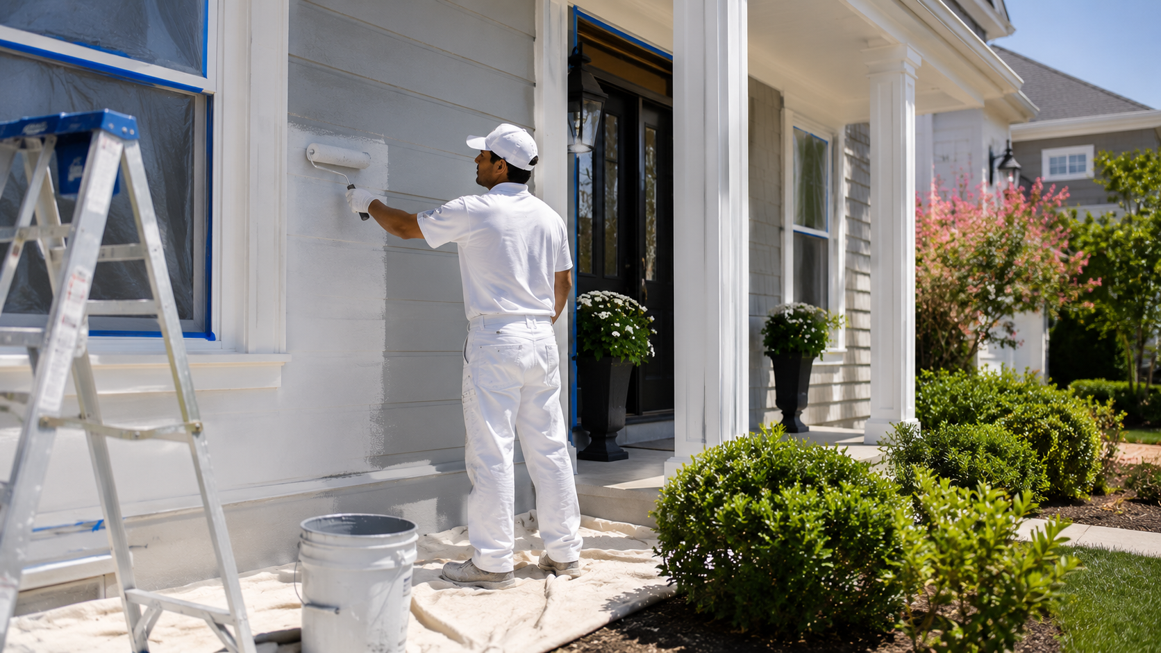 Painter in white workwear painting a house exterior beside a ladder and buckets.