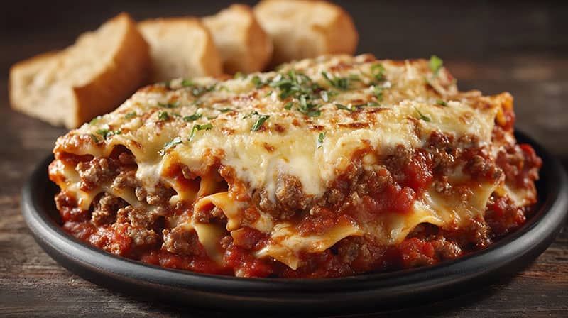 Lasagna in a black dish, topped with melted cheese, served with bread slices.