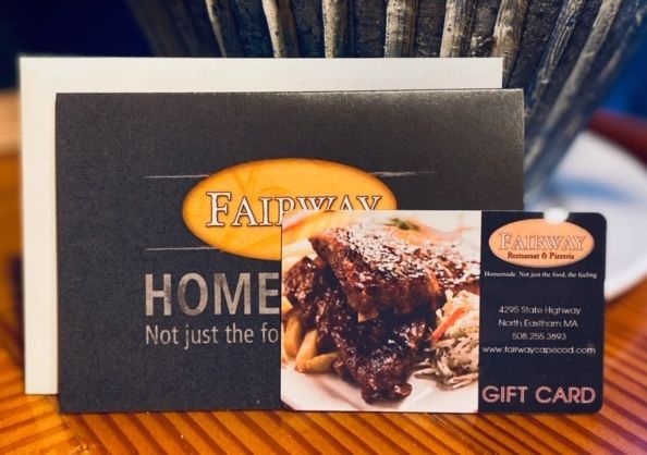Fairway Restaurant gift card and envelope, with image of ribs, on dark background.