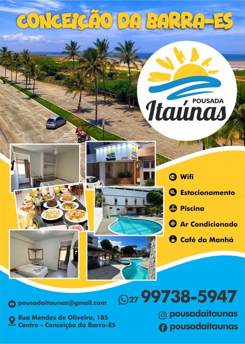 Poster for Pousada Itaúnas in Conceição da Barra-ES with hotel amenities.Pousada Itaúna