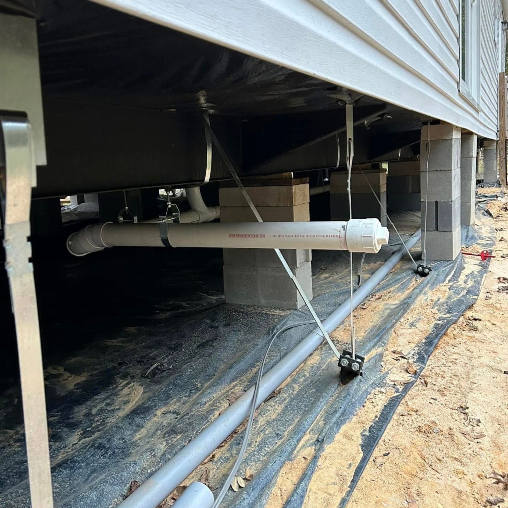 Black River Plumbing & Gas LLC -Underneath of a house: plumbing, support blocks, black tarp on ground, gray pipes.