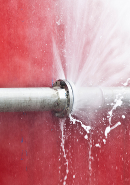 Water spraying violently from a broken pipe against a red background.