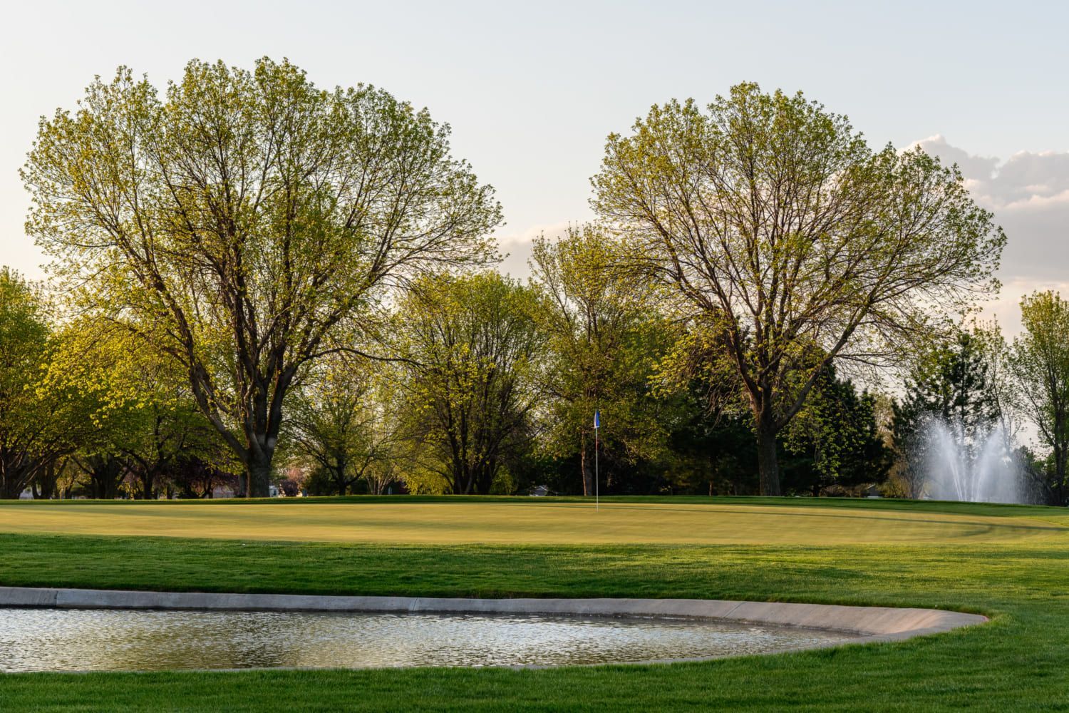 A golf course with trees and a fountain in the background.