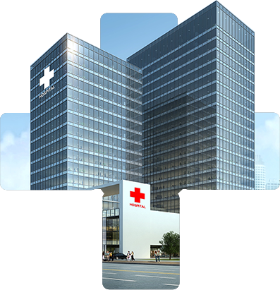 A large building with a red cross on the side of it.
