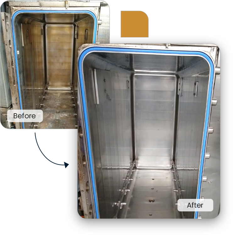 A before and after picture of a stainless steel container