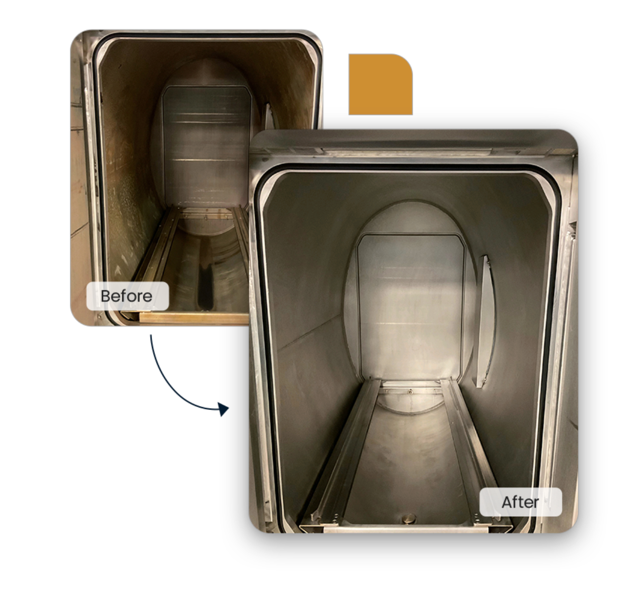 A before and after picture of a stainless steel container