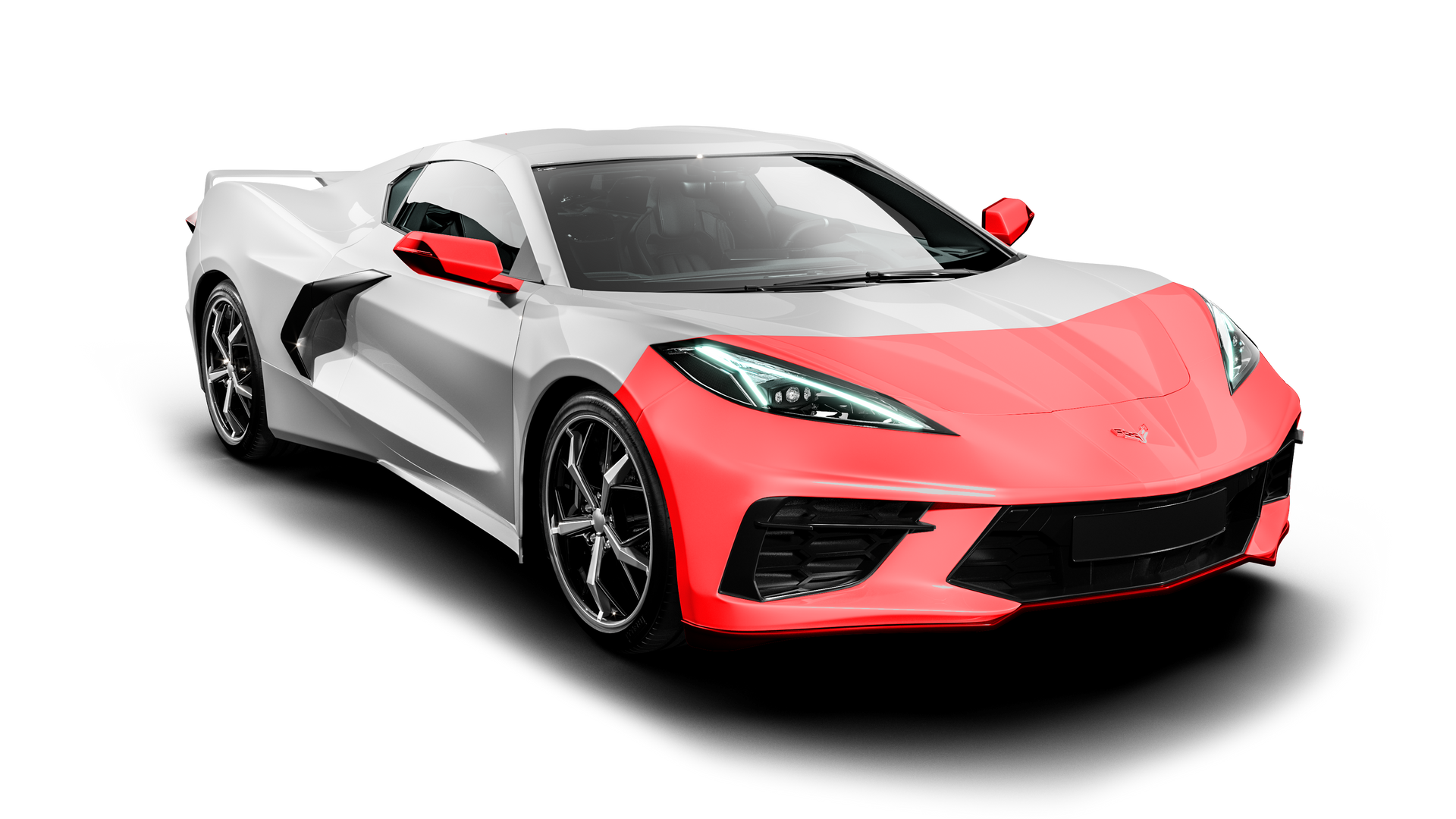 A white and red sports car on a white background.