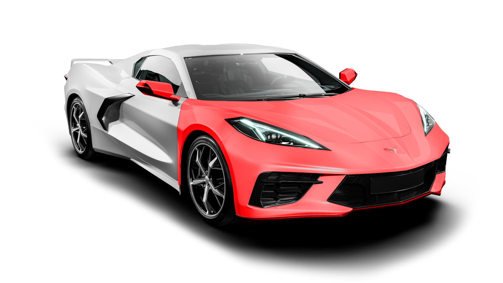 A red and white sports car on a white background.