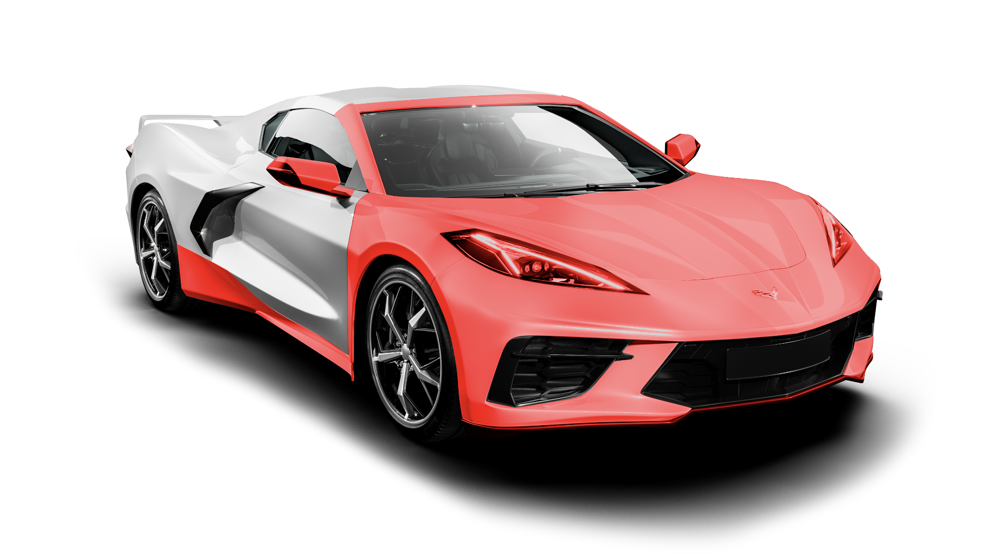 A red and white sports car on a white background.