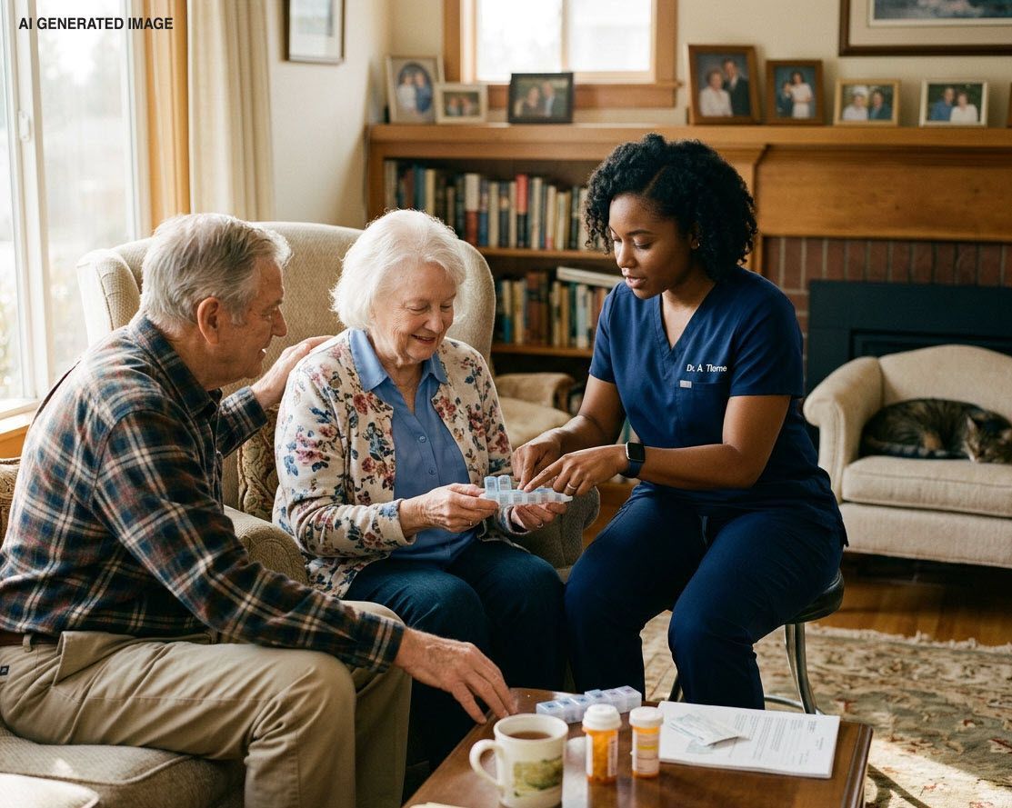 Caregiver helps an elderly couple review medication in a cozy living room