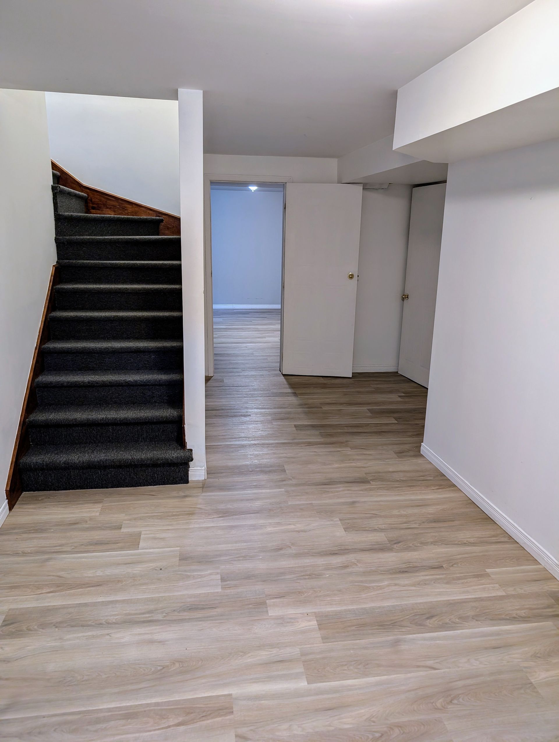Sous-sol avec escalier, plancher imitation bois clair, murs et portes blancs.