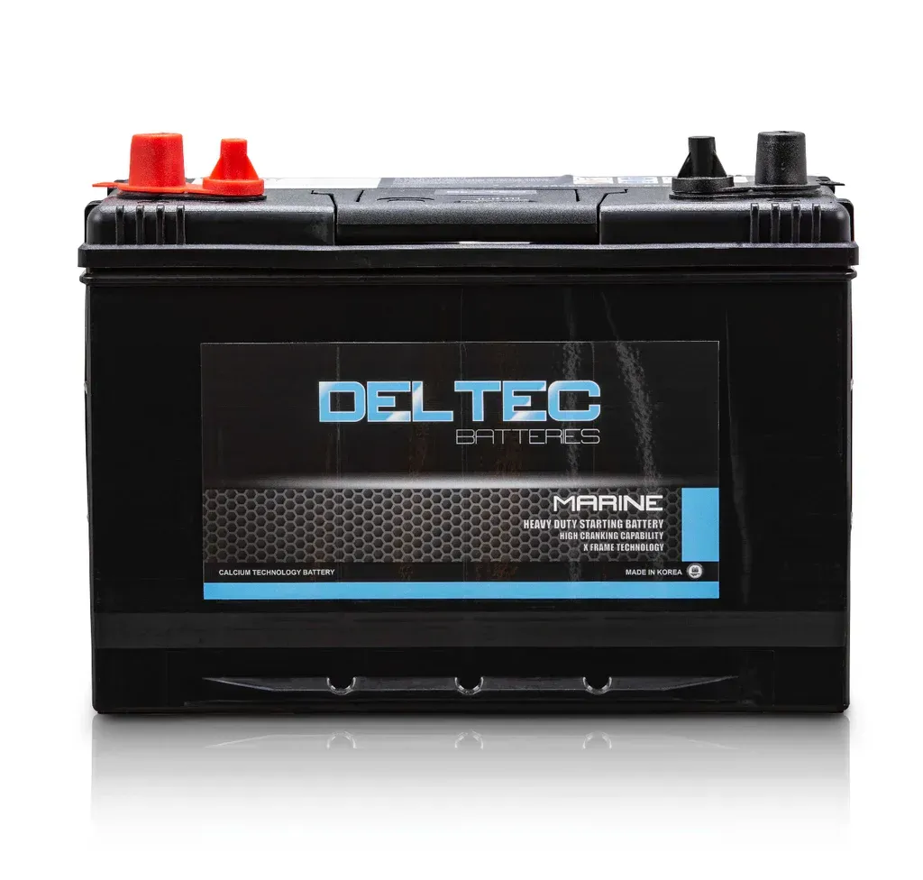 Black Deltec Marine Battery With Red and Black Terminals. Blue and White Label — Reef 2 River Marine in Proserpine, QLD