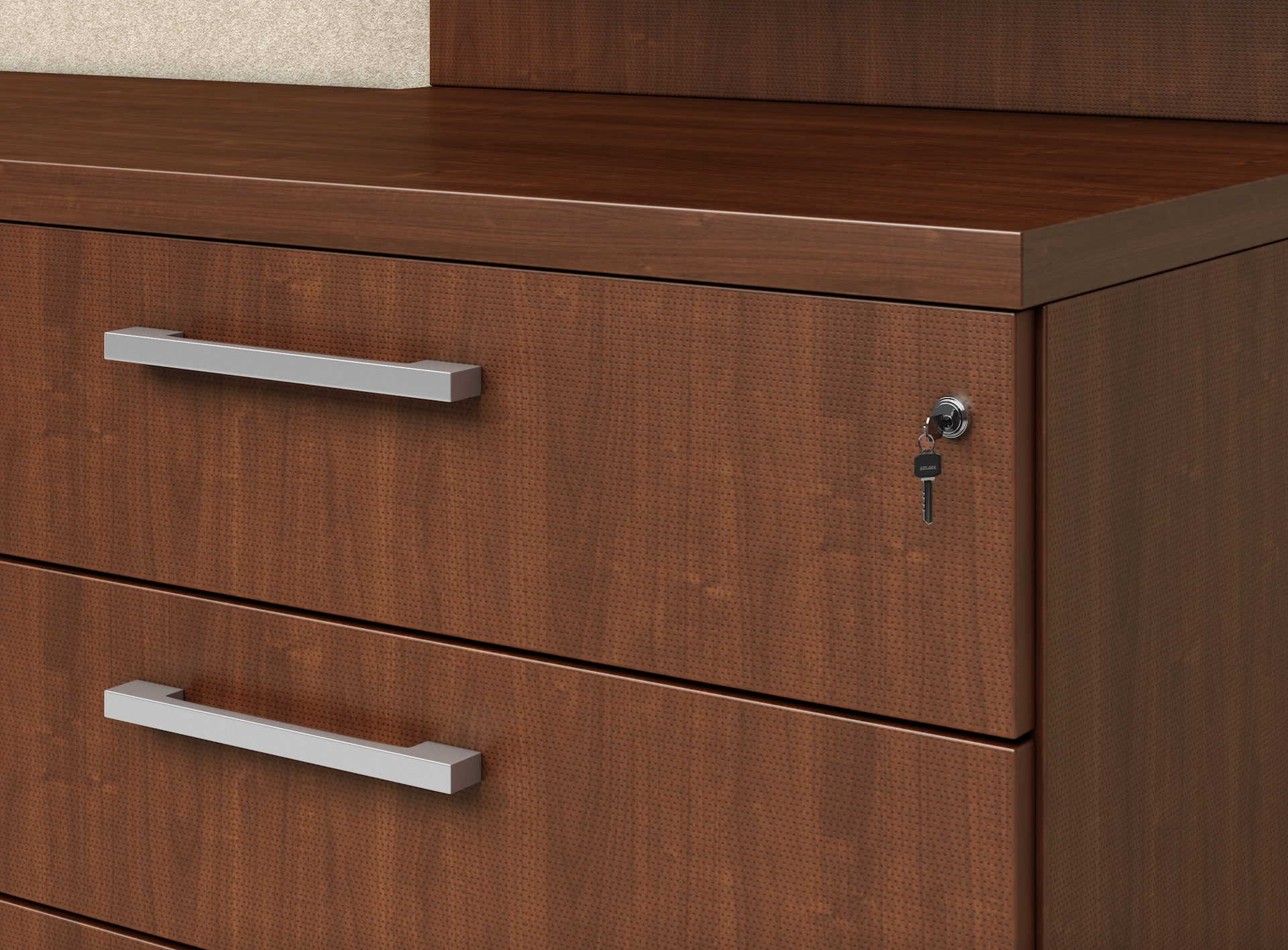 Wooden dresser with silver handles, key lock, and woodgrain texture.