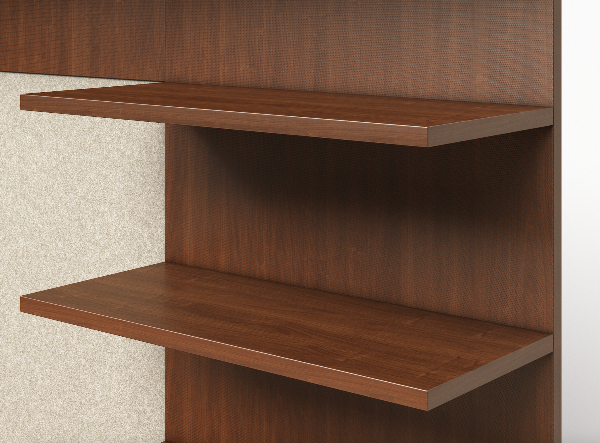 Two wooden shelves attached to a dark brown wall.