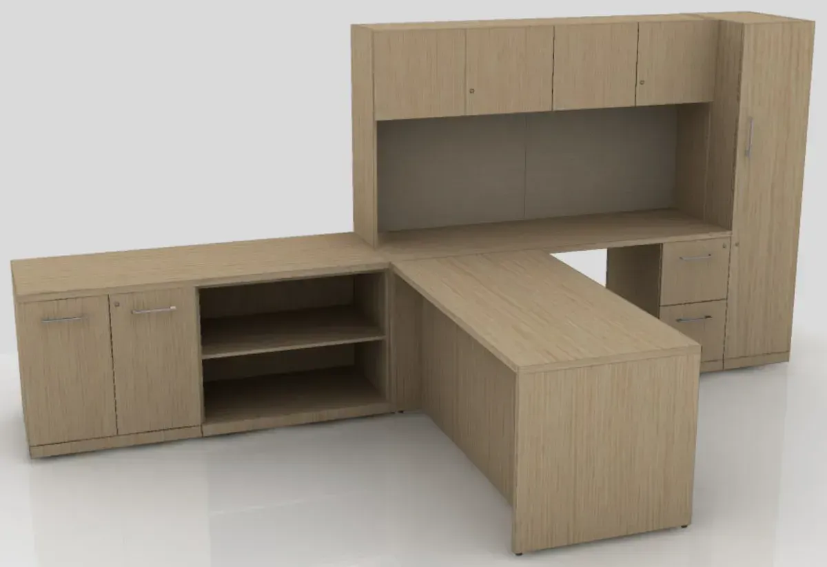 Light wood-toned office desk with overhead storage and side cabinet on a white background.
