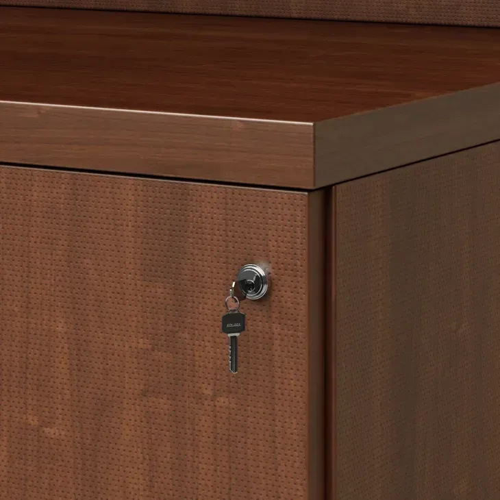 Close-up of a brown wooden cabinet with a key in the lock.