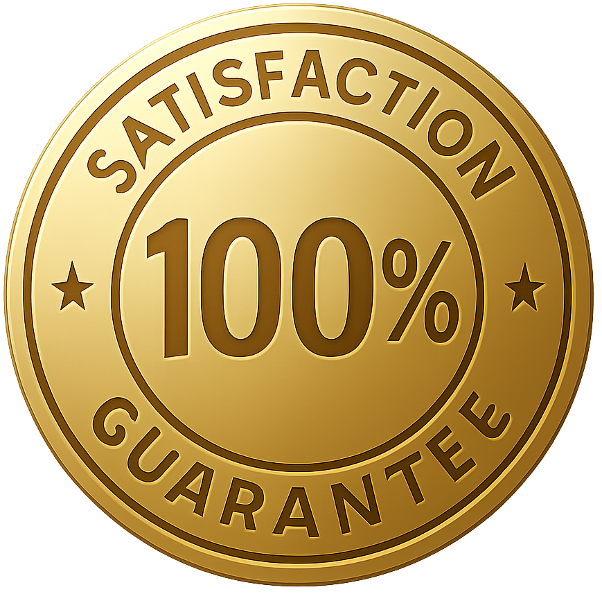 A gold satisfaction guaranteed stamp on a white background.