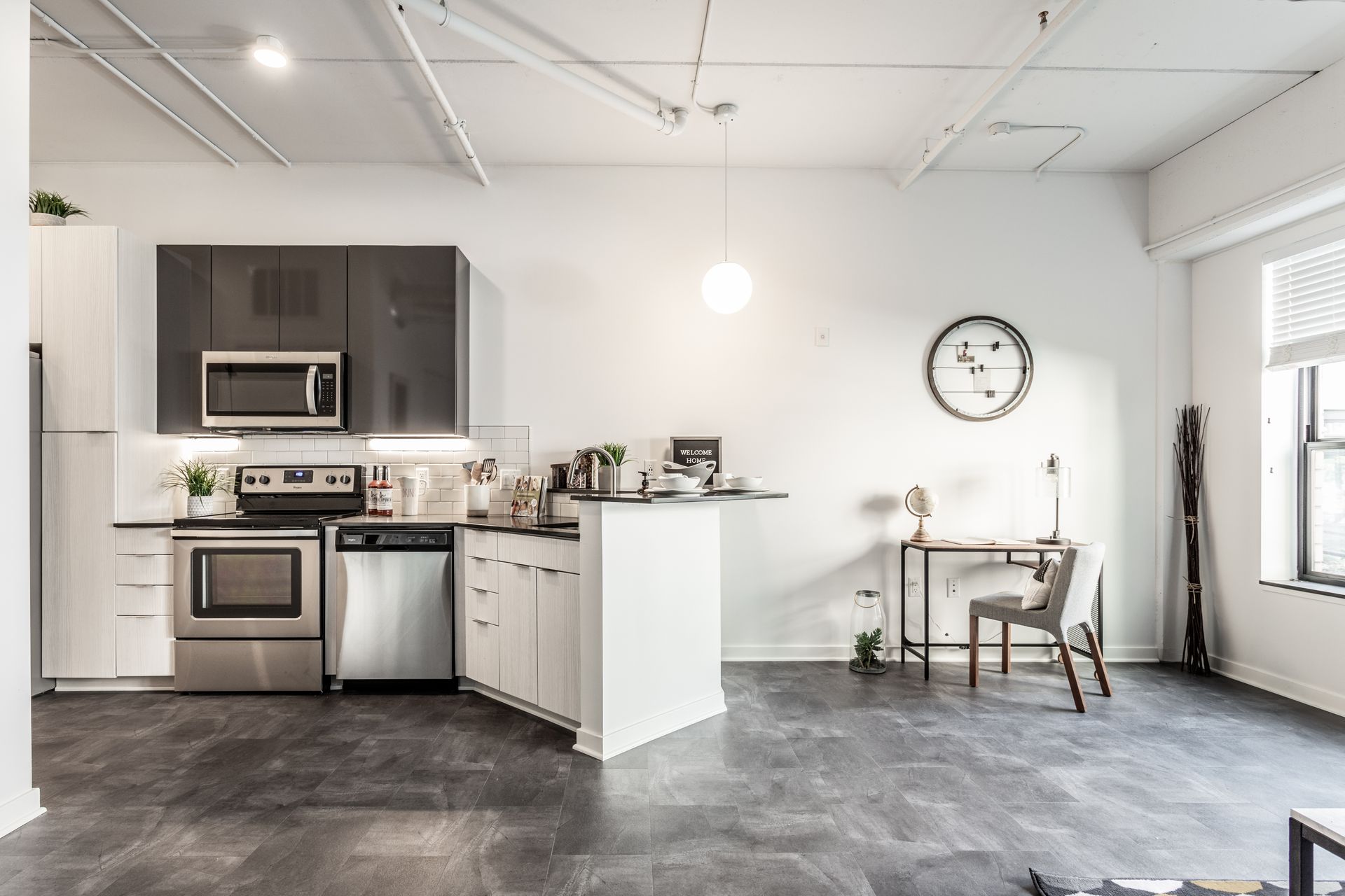 Kitchen and living room at Vim + Vigor in Milwaukee, WI.