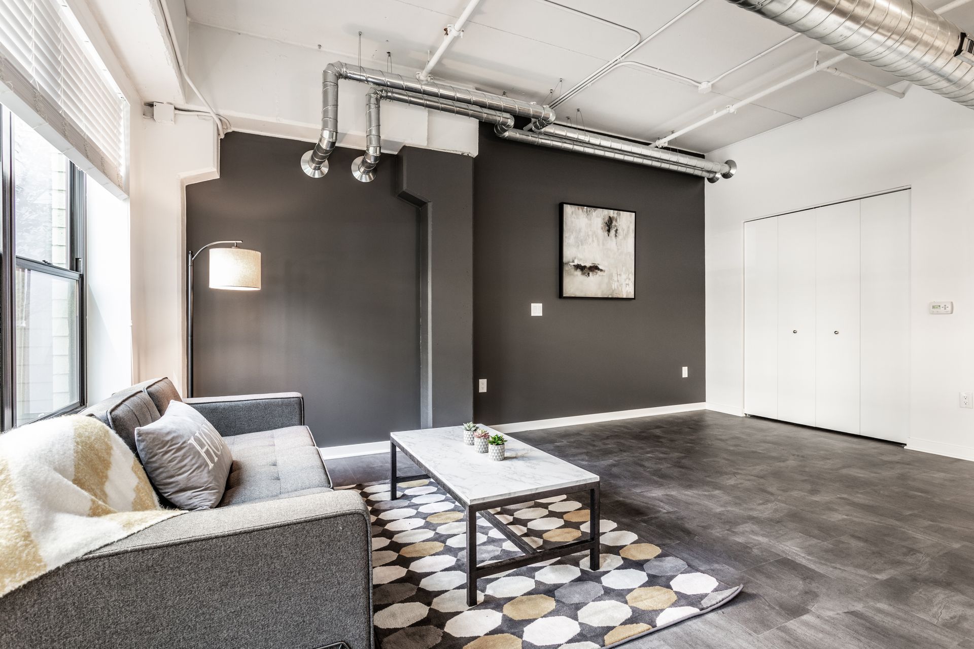 Modern living room with gray walls, sofa, and a patterned rug.