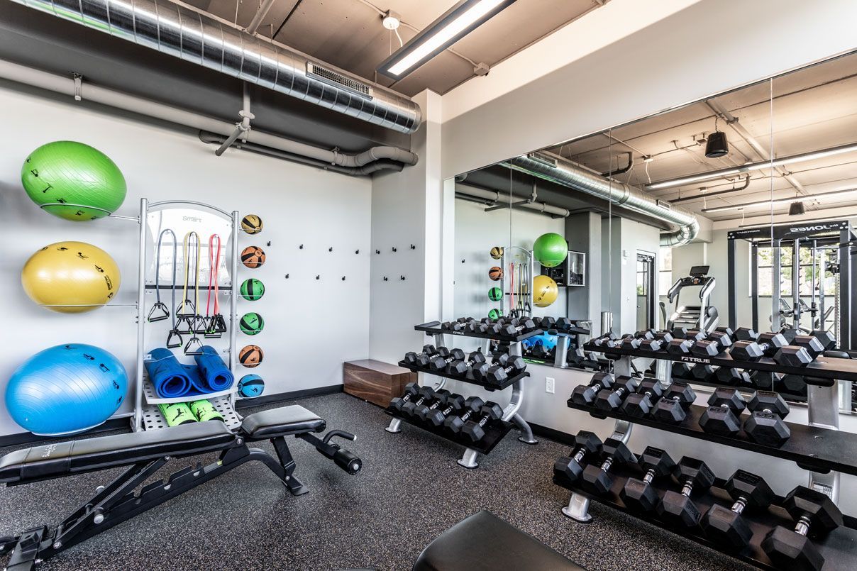Here at Vim + Vigor Lofts in Wisconsin. A modern fitness center features dumbbell racks, colorful exercise balls, resistance equipment, mirrors, and bright industrial-style lighting.