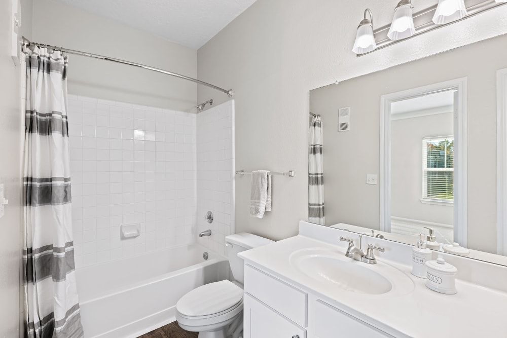 A bathroom with a toilet, sink, tub, and mirror at Marquis at Silverton in Cary, NC.