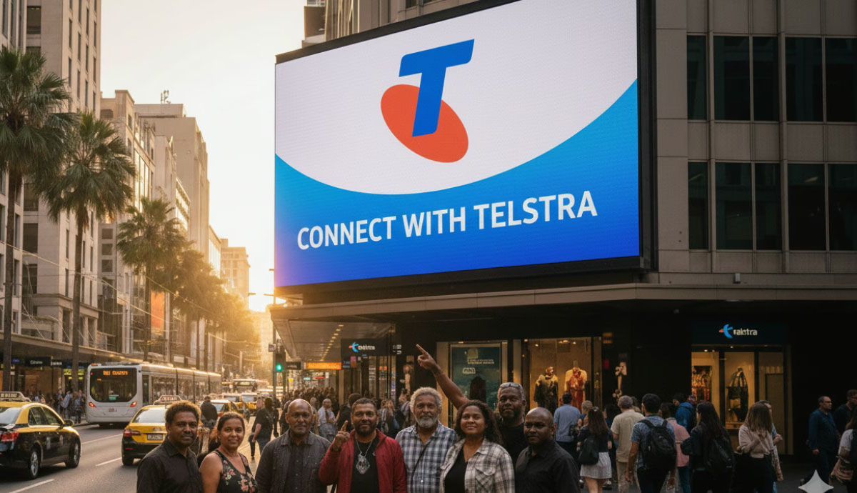 Telstra billboard on a city street; a group of people stand in front.