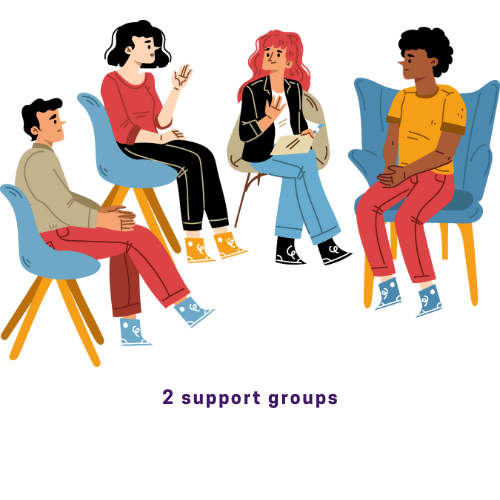 four people sitting in chairs and talking