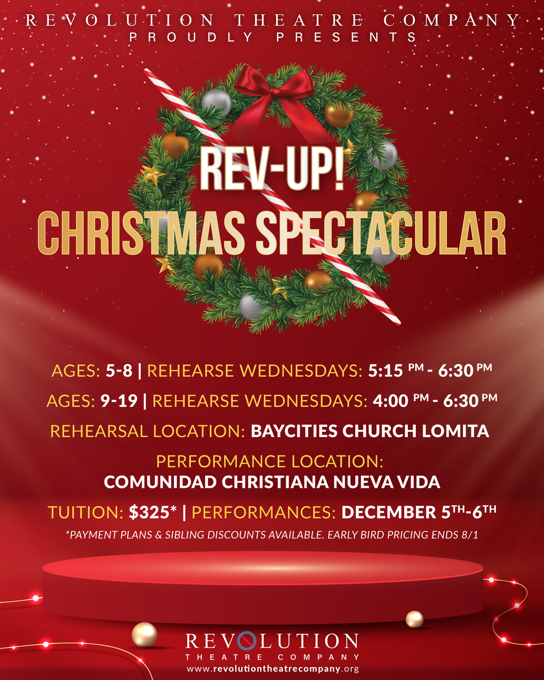 A red poster for rev-up christmas spectacular
