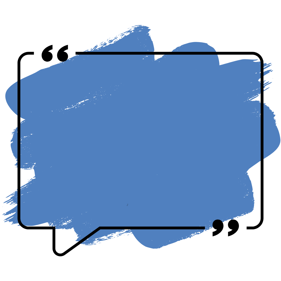 A blue speech bubble with a black frame and a blue brush stroke.