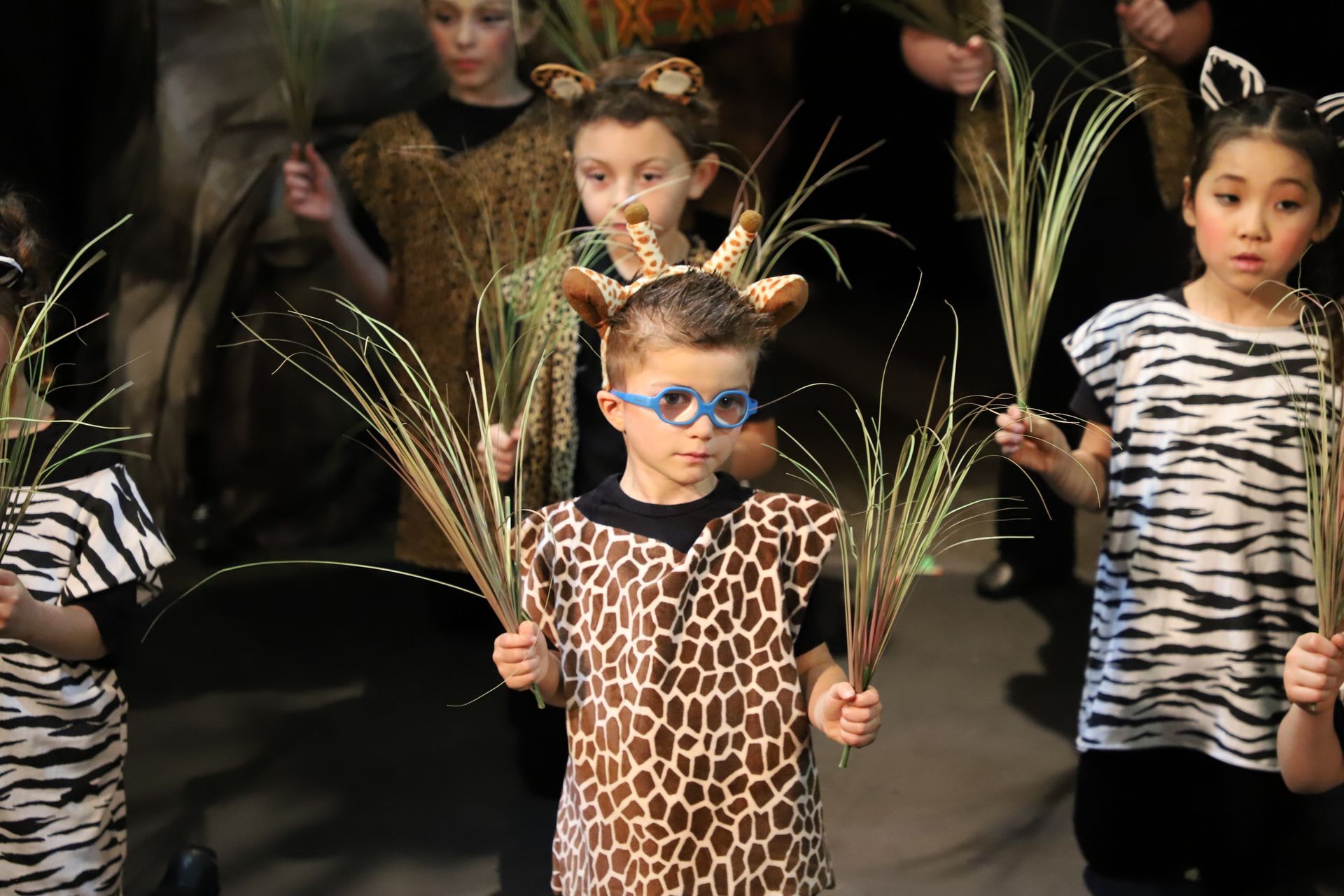 A group of children dressed in giraffe costumes are holding plants.