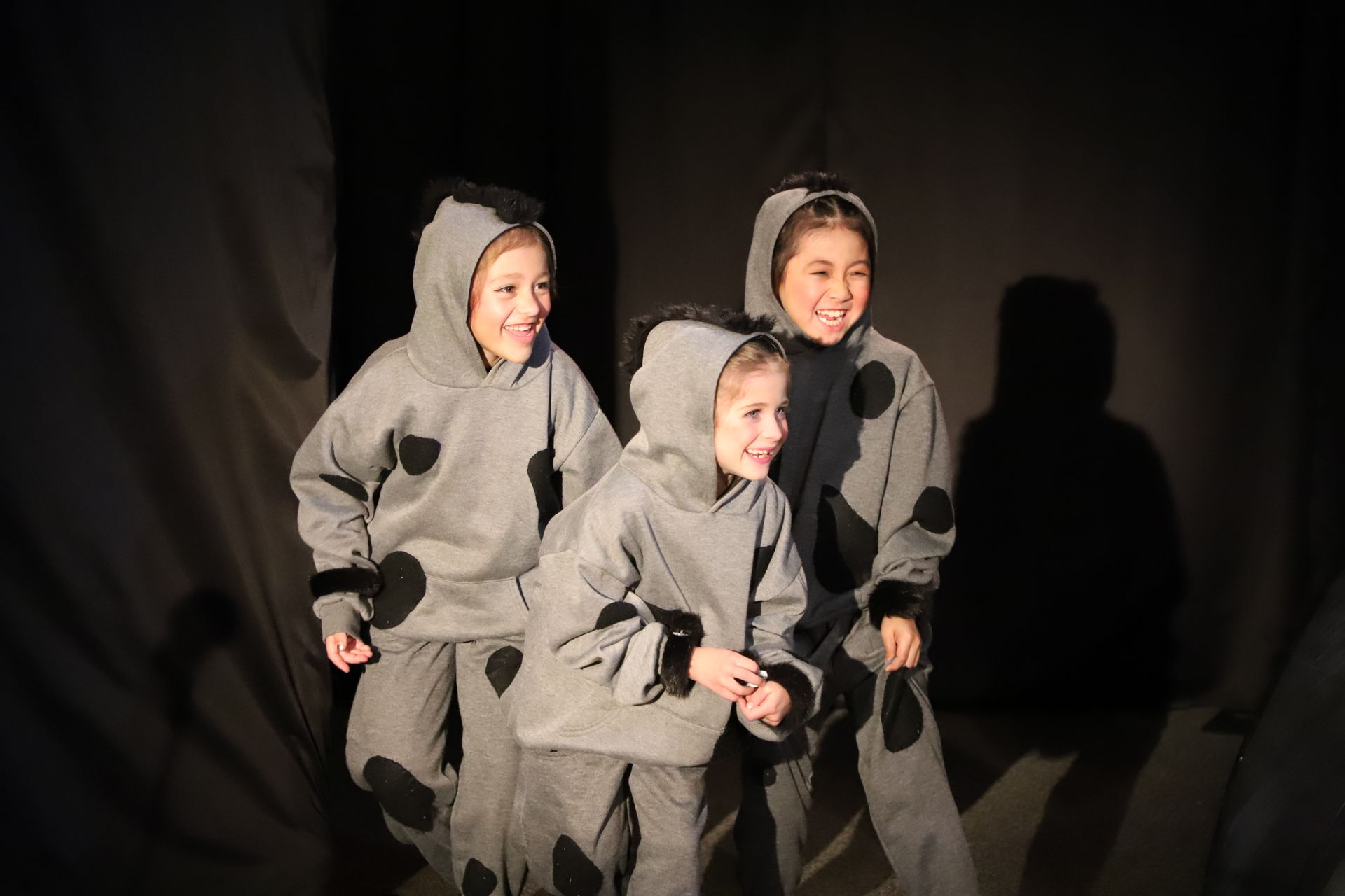 Three children dressed in cow costumes are posing for a picture