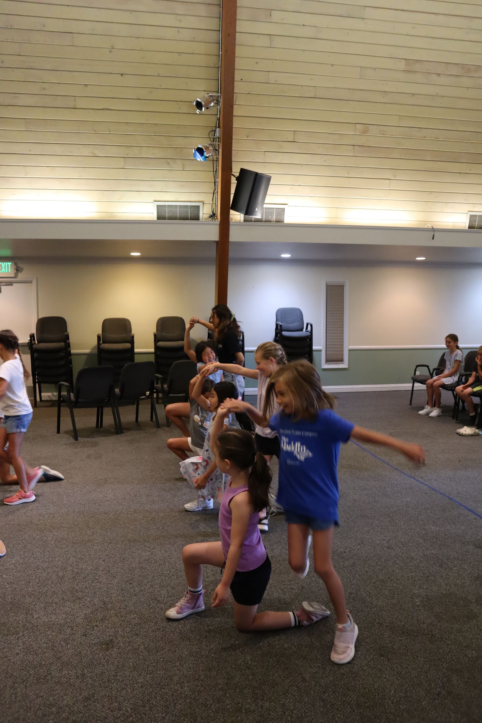 A group of young girls are dancing in a room.