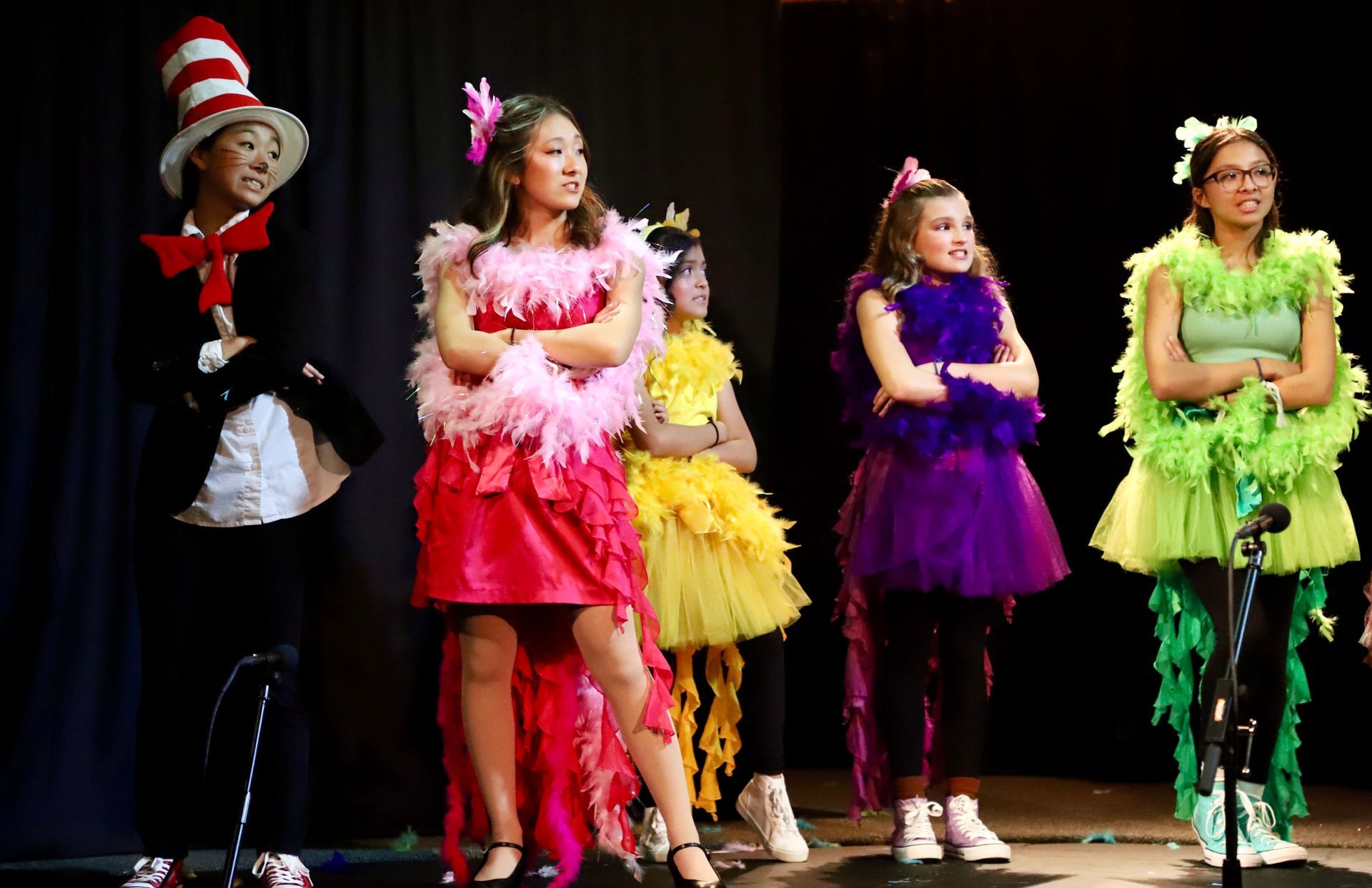 A group of young girls dressed in costumes are standing on a stage.