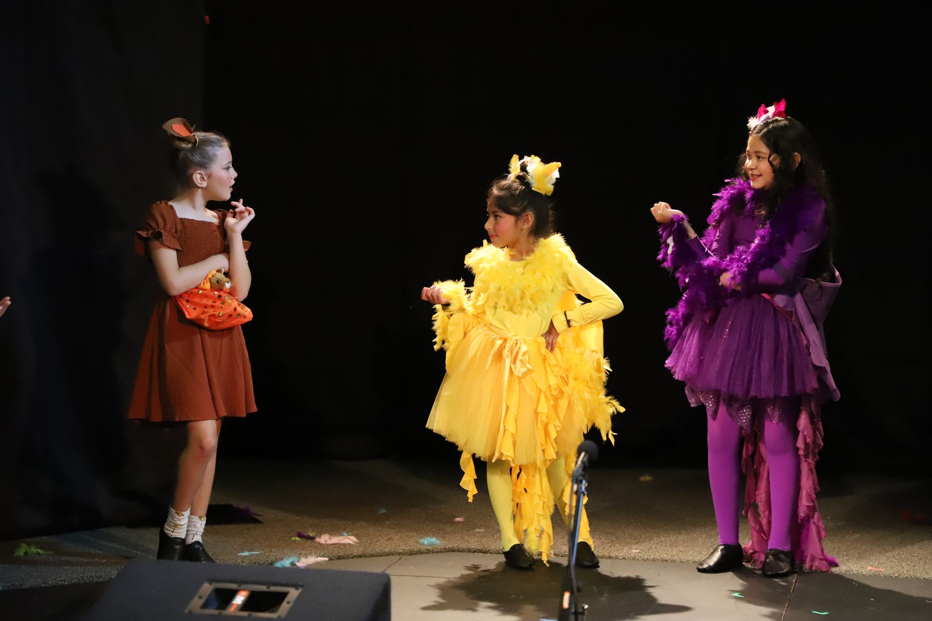 A group of young girls dressed in costumes are standing on a stage.