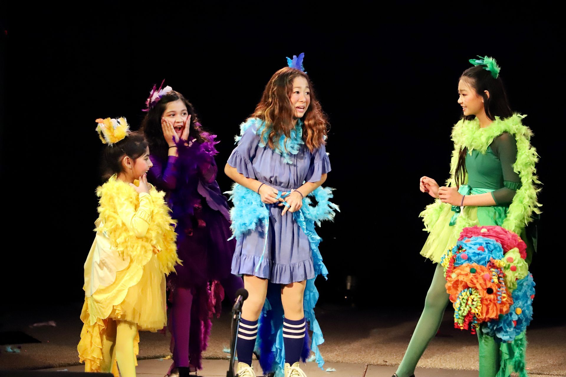 A group of young girls dressed in colorful costumes are standing on a stage.