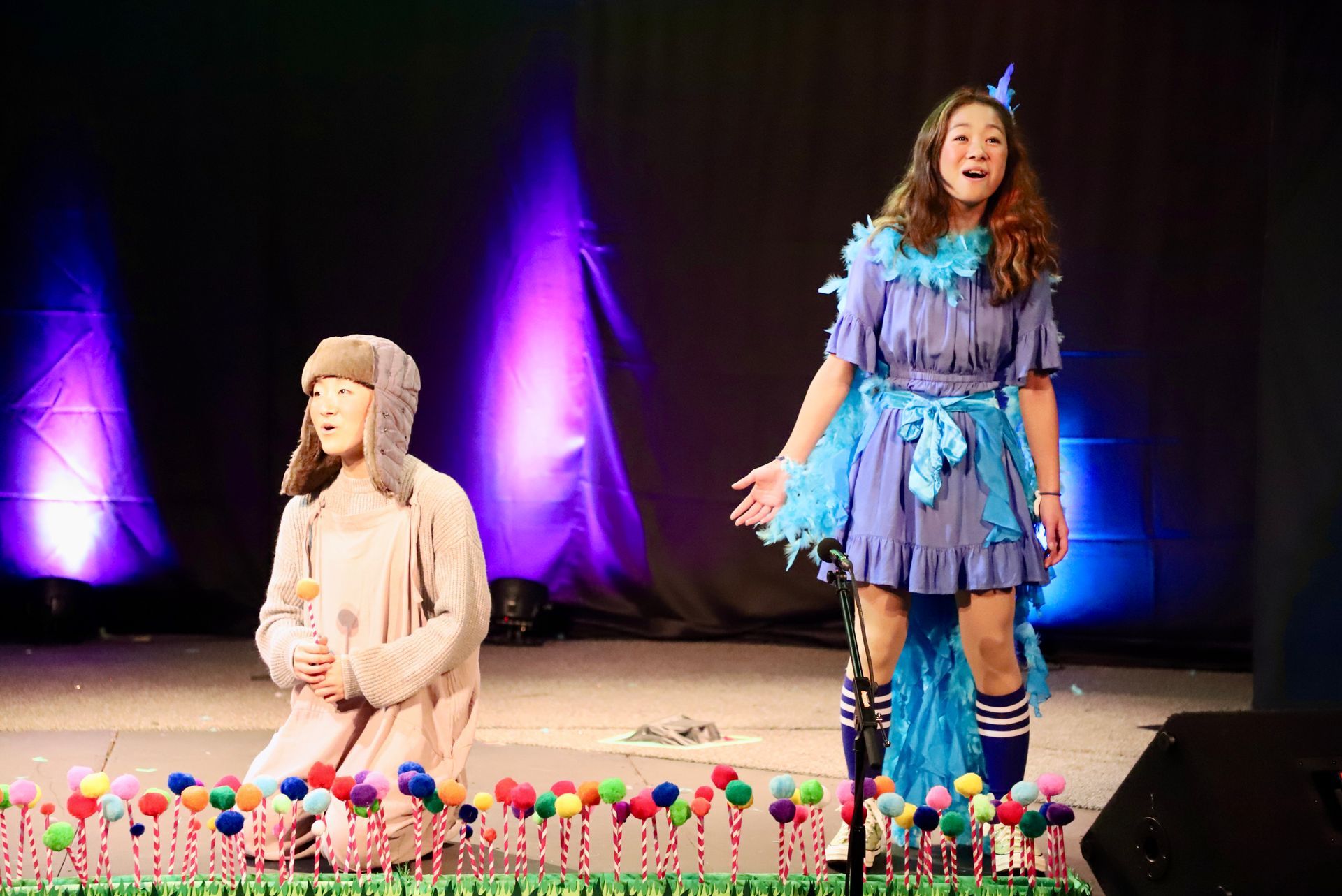 Two young girls are standing on a stage in front of a microphone.