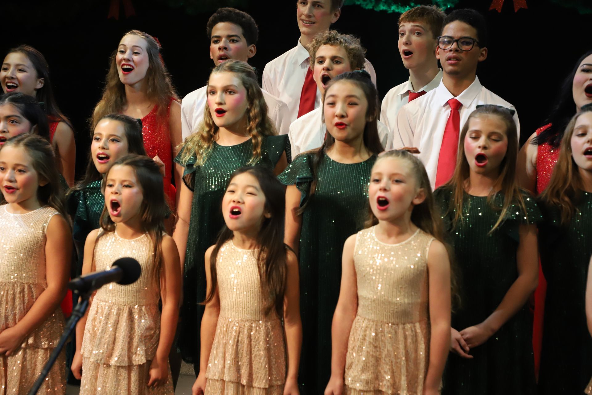 A large group of children are singing in a choir.