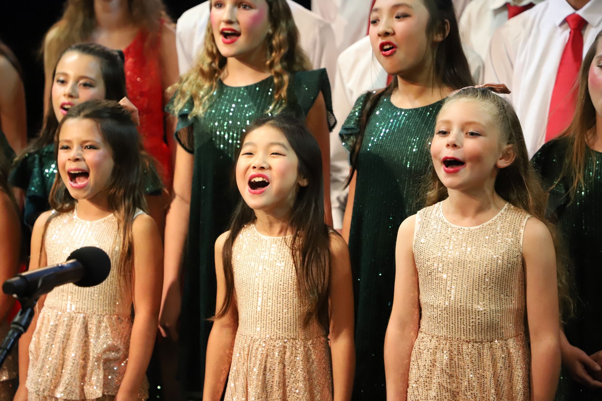 A group of young girls are singing into a microphone.